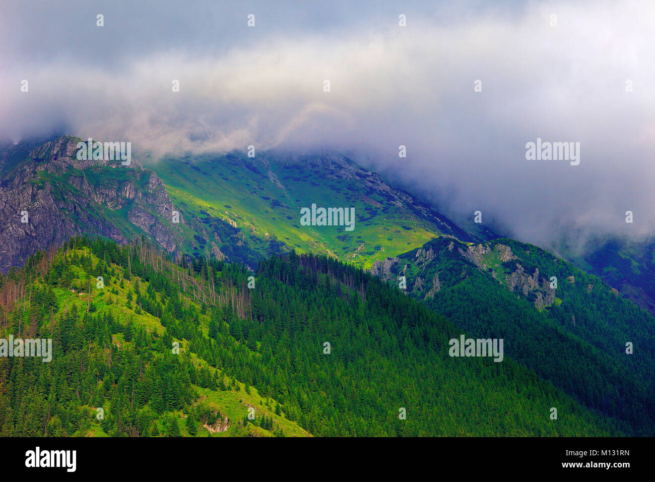 La Pologne, Tatras, Zakopane - Zar, Smerczynski Tomanowa et Ciemniak peaks et passer sous les nuages Banque D'Images