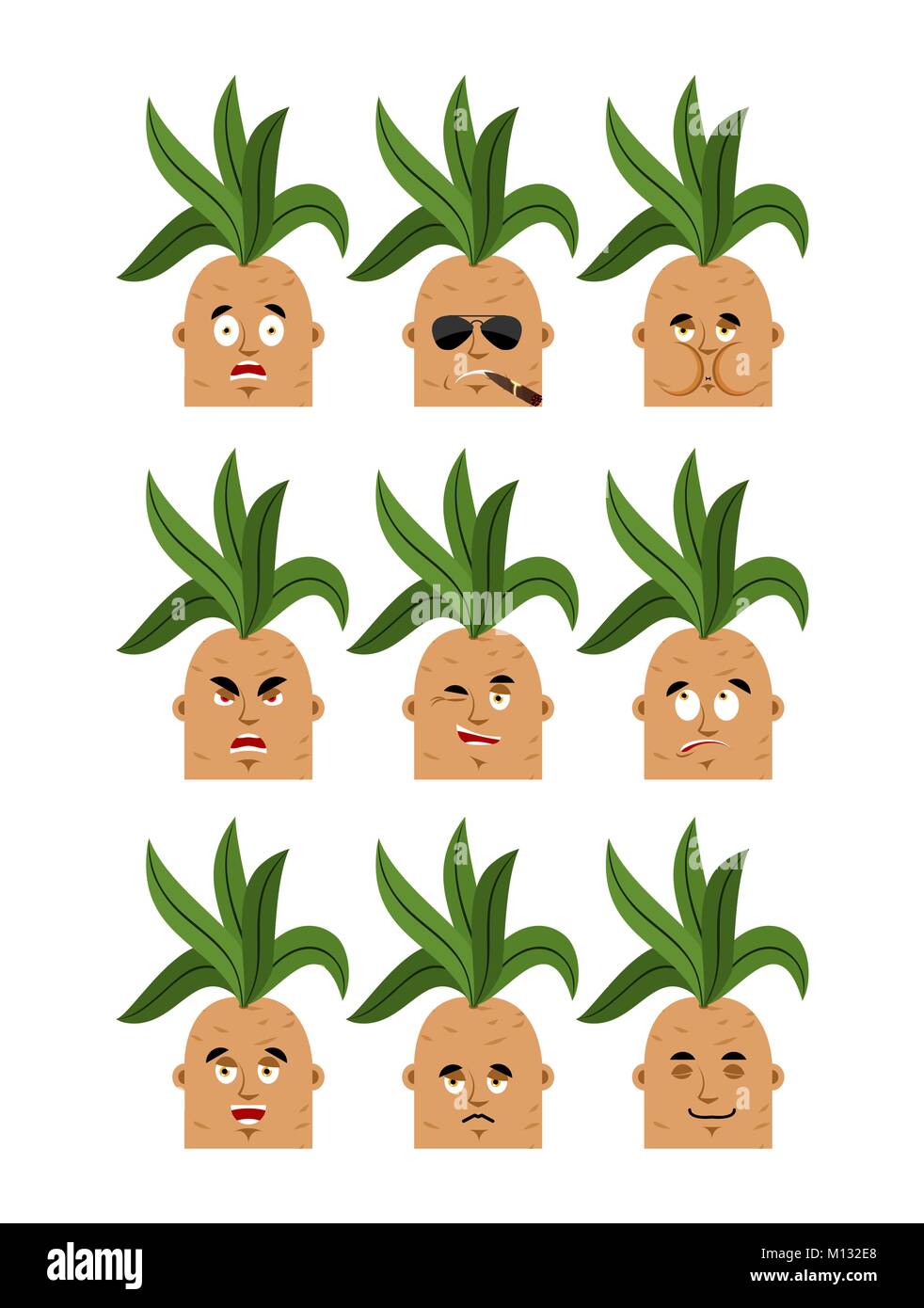 Mandrake root set avatar emoji. triste et en colère face. coupable et dormir. Dans l'usine mystique légendaire sous forme de cigare Tabac marin homme visage émotion Illustration de Vecteur