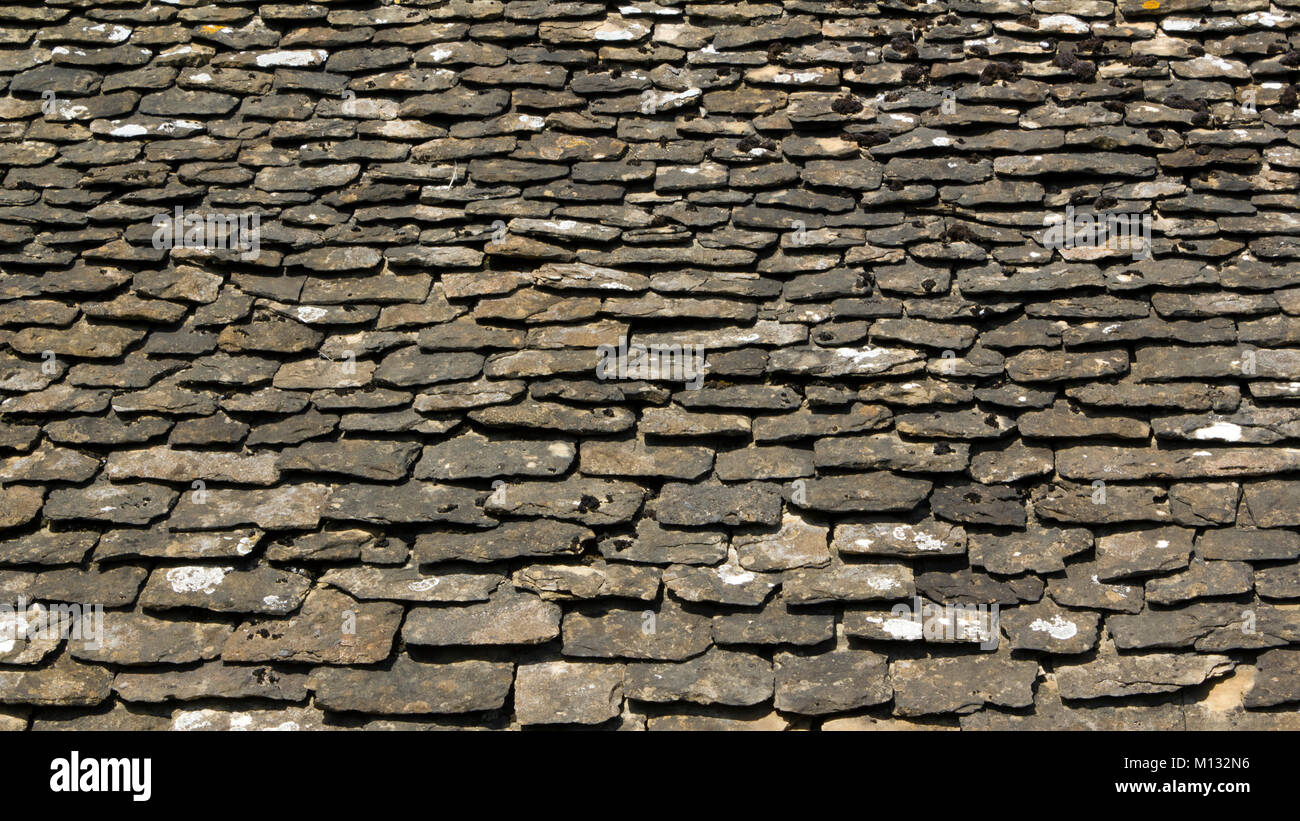 Tuiles anciennes en pierre recouverte de lichens et mousses de texture d'arrière-plan Banque D'Images