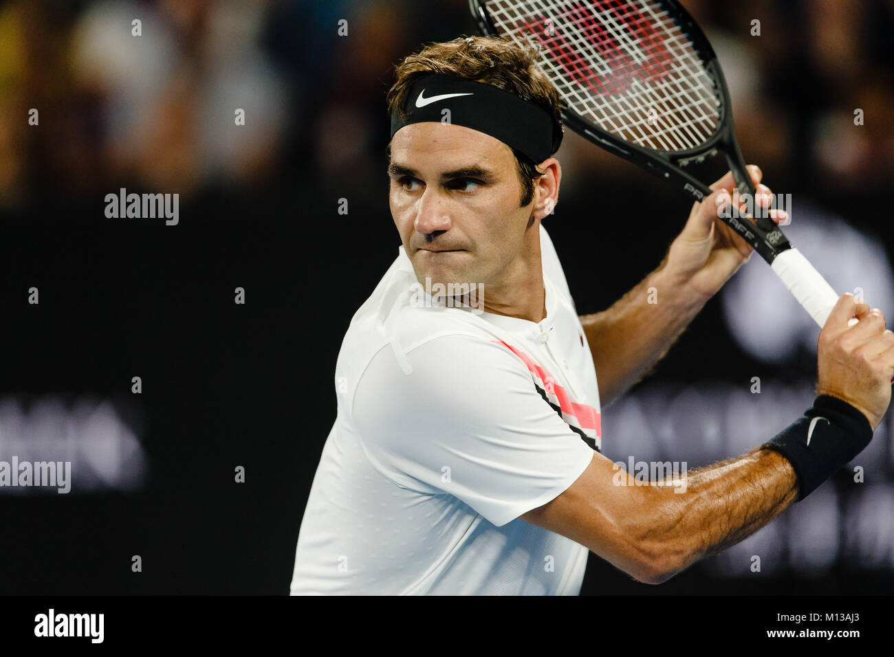 Melbourne, Australie, le 26 janvier 2018 : Le joueur de tennis suisse Roger Federer jouera sa 30e finale de Grand Chelem à l'Open d'Australie 2018 à Melbourne Park. Crédit : Frank Molter/Alamy Live News Banque D'Images