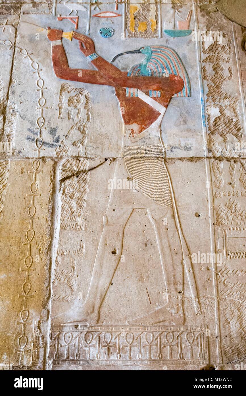 L'Égypte, de la Haute Égypte, vallée du Nil, Louxor, Temple de Karnak inscrite au Patrimoine Mondial de l'UNESCO, chapelle de la reine Hatshepsout, dieu Thot Banque D'Images