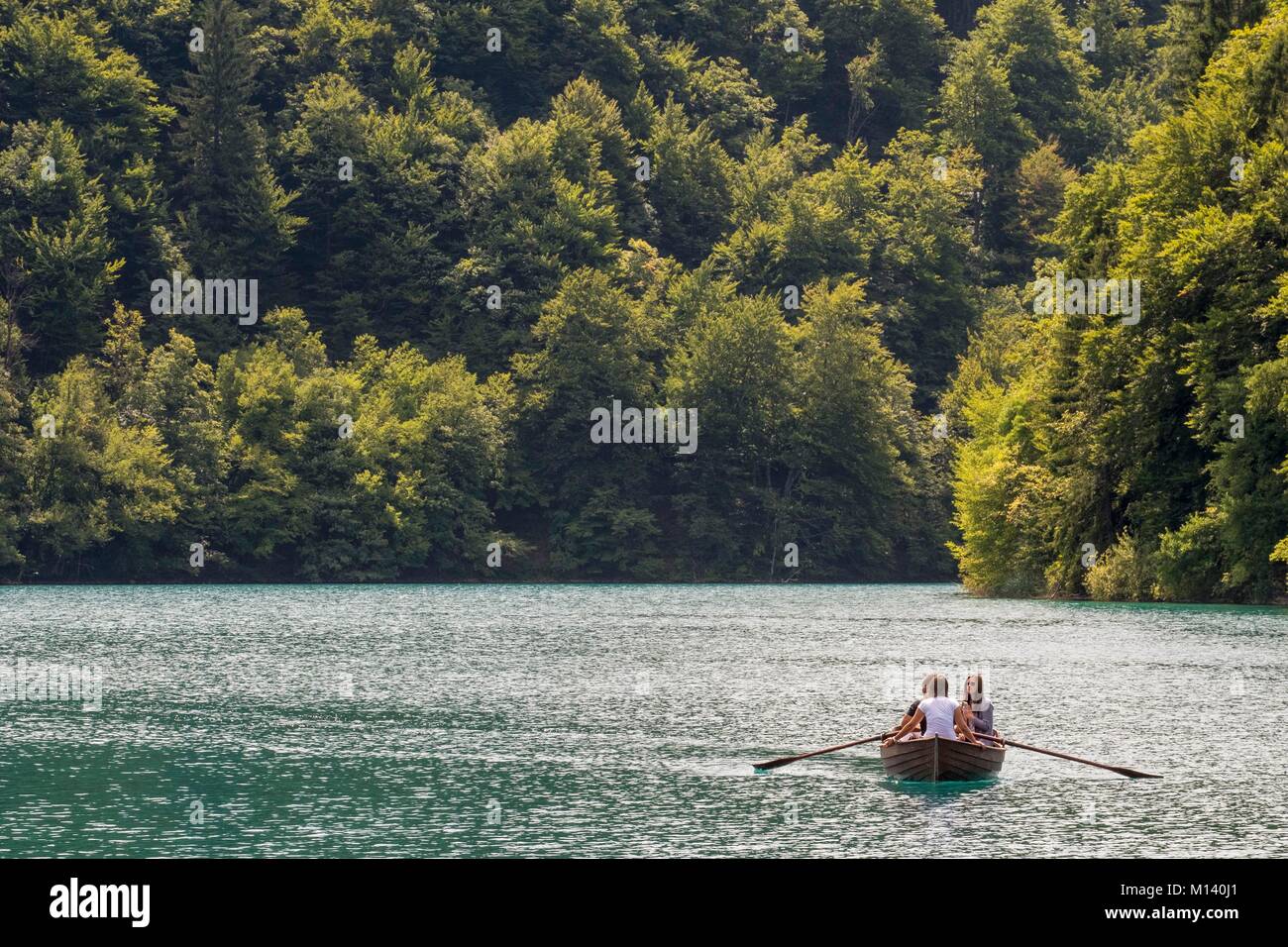 La Croatie, Dalmatie du Nord, le parc national des Lacs de Plitvice classé au Patrimoine Mondial par l'UNESCO, des lacs, location bateau sur le lac Kozjak Banque D'Images