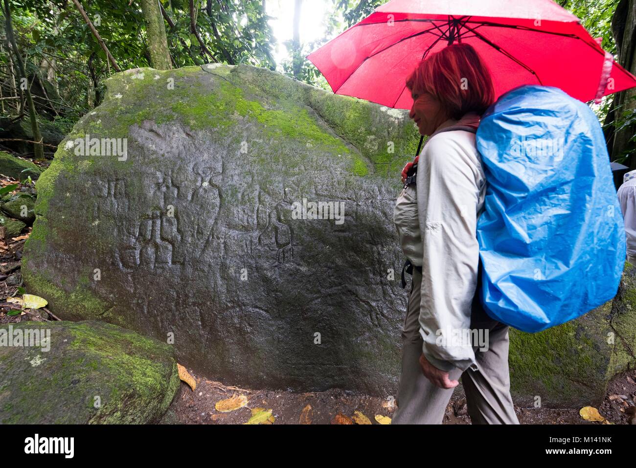 La France, la Polynésie française, l'archipel des Marquises, Nuku Hiva, l'île de Hatiheu Kamuihei Tohua, site archéologique, Petroglyph Banque D'Images