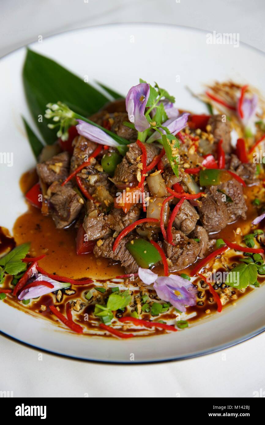 Cambodge, Siem Reap, boeuf plat avec les fourmis rouge servi dans un restaurant khmer Banque D'Images