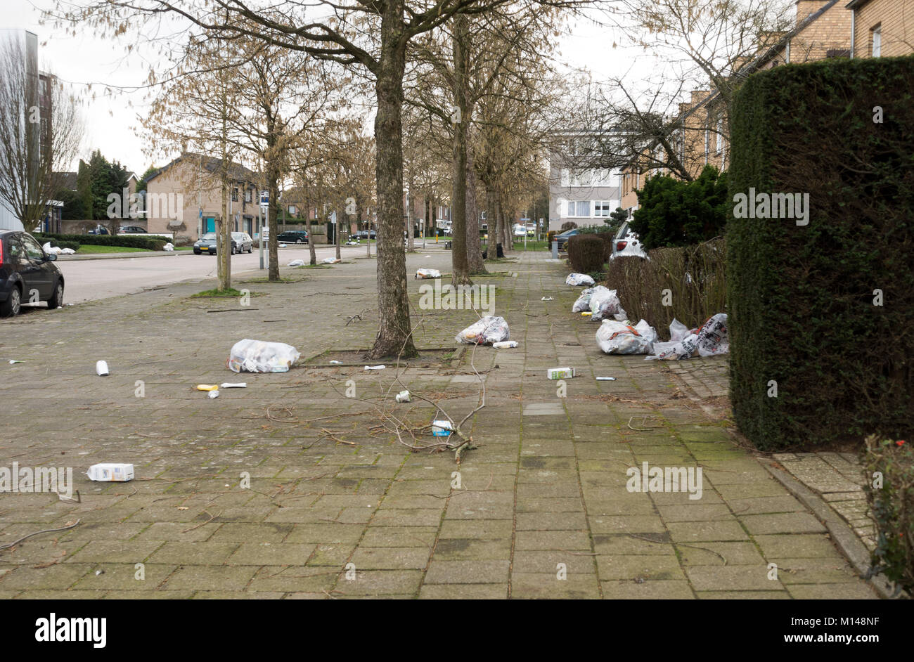 Les sacs de déchets plastiques éparpillés sur rue après la tempête, Paris, France. Banque D'Images