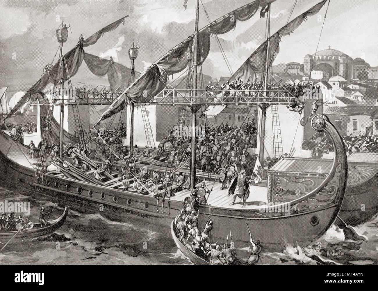 La prise de Constantinople par les Vénitiens et les croisés lors de la  quatrième Croisade en 1204. Les Vénitiens ont mené la mer basse-mur en  exécutant passerelle sur les ponts de la