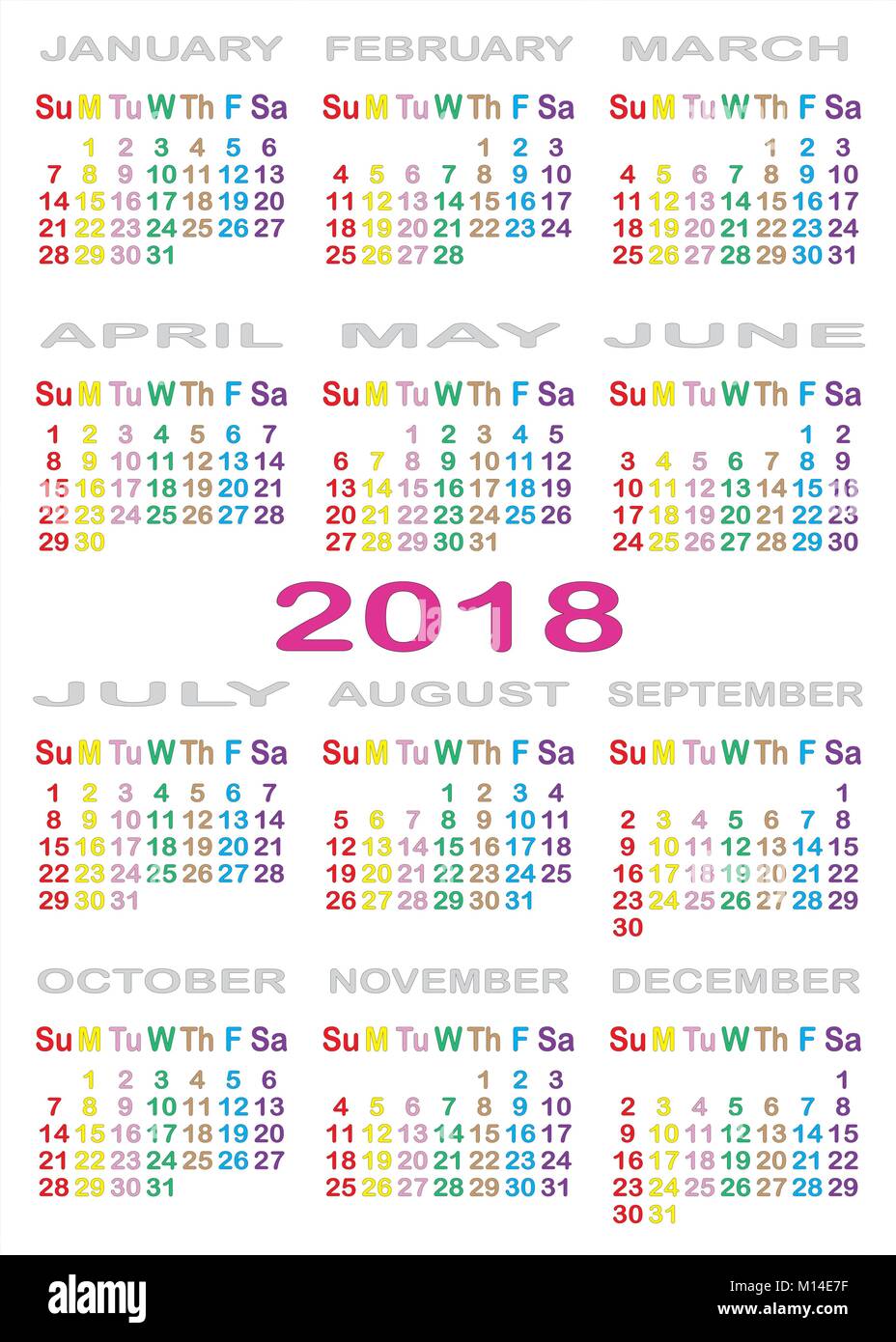 Calendrier 2018 séparés sur fond blanc avec des couleurs spécifiques pour chaque jour de la semaine Illustration de Vecteur