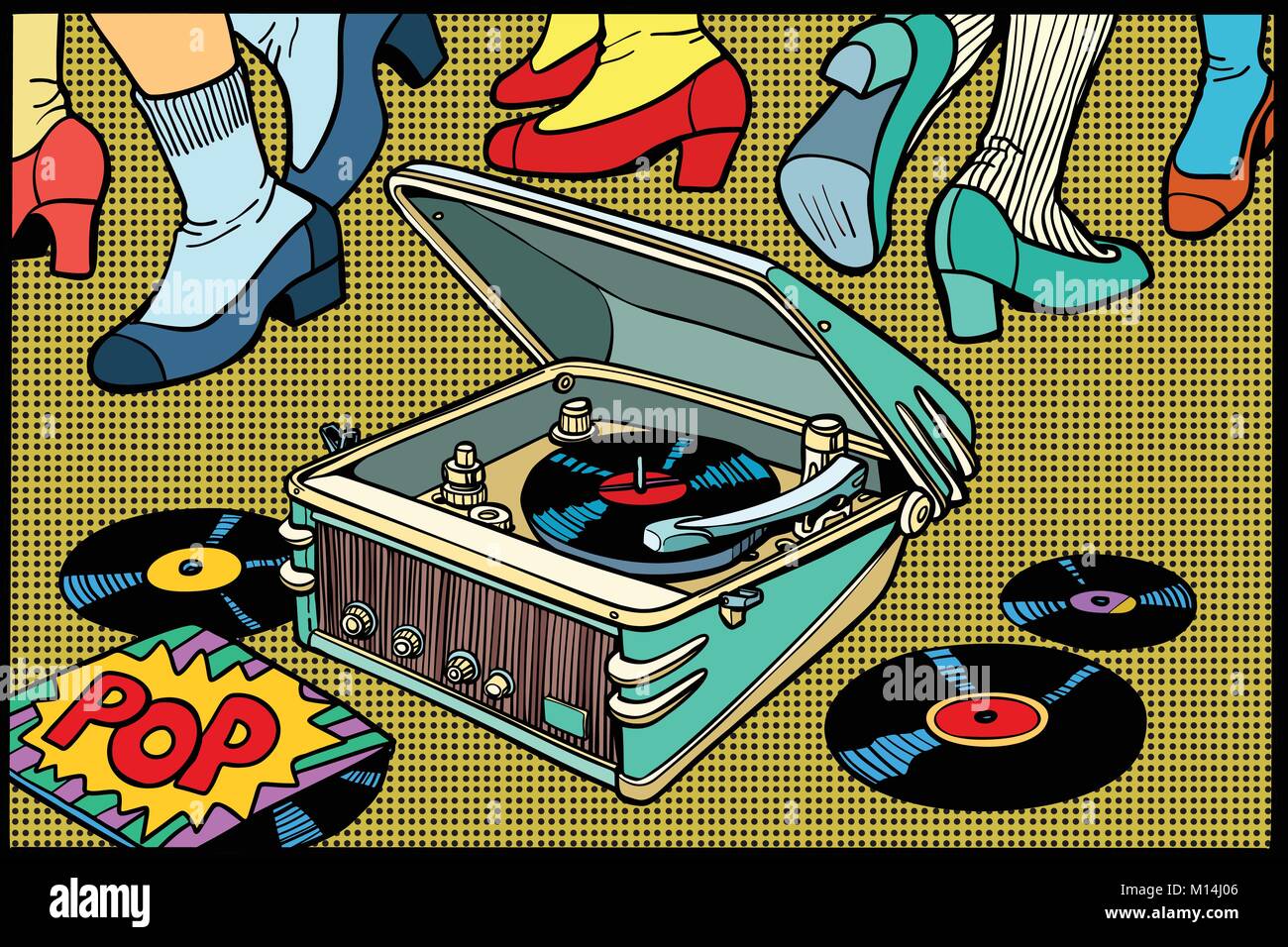 Dancing retro gramophone. Une partie de la musique disco. les hommes et les femmes. Bande dessinée caricature dessin pop art retro illustration Illustration de Vecteur