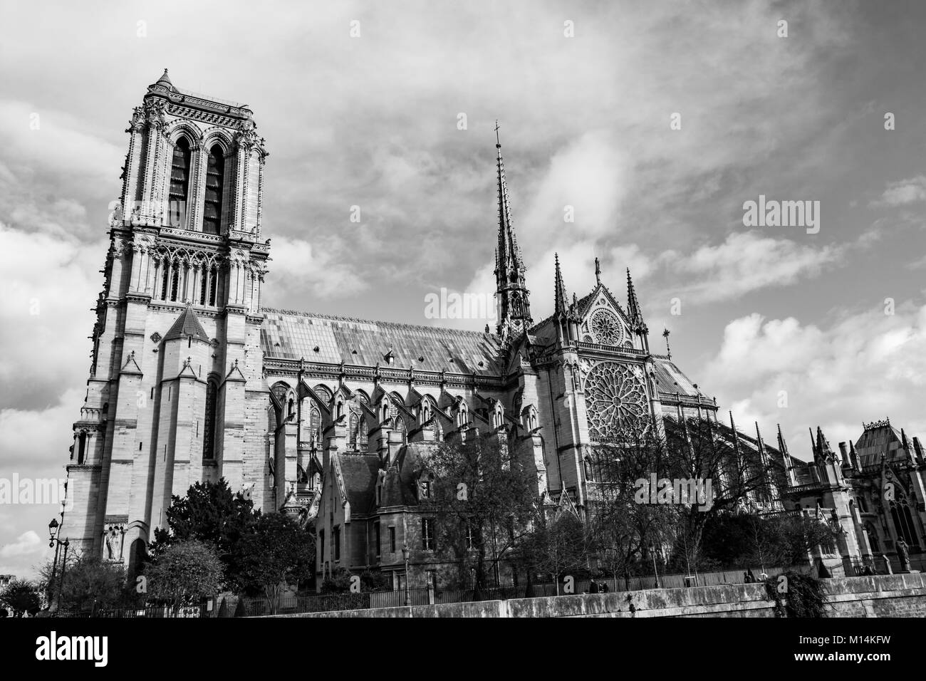 Paris, France : Noir et blanc vue de la Cathédrale Notre Dame de Paris. Banque D'Images