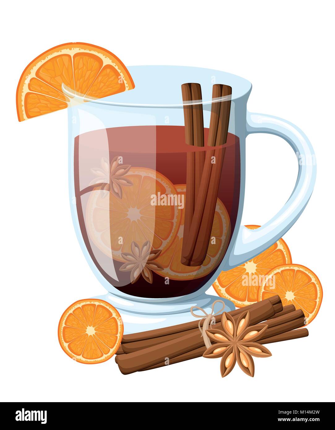 Vin chaud avec tranche d'orange et le bâton de cannelle dans une tasse transparente vector illustration isolé sur fond blanc Illustration de Vecteur