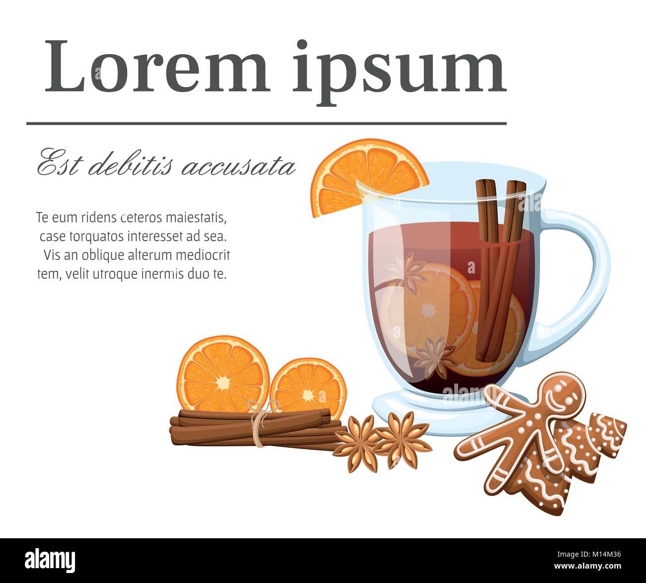 Vin chaud avec des épices tranche d'orange et le bâton de cannelle dans une tasse transparente illustration vectorielle avec place pour votre texte isolé sur fond blanc Illustration de Vecteur