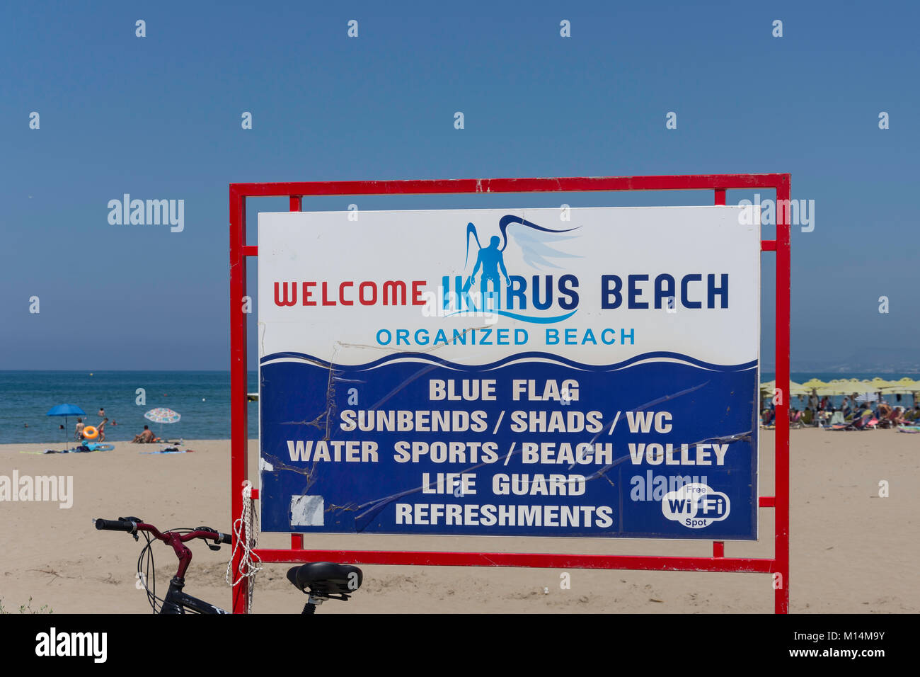Bienvenue à la plage d'Ikarus Ikarus signe, Plage, Rethymnon (Rethimno Rethimno), région, la crète (Kriti), Grèce Banque D'Images