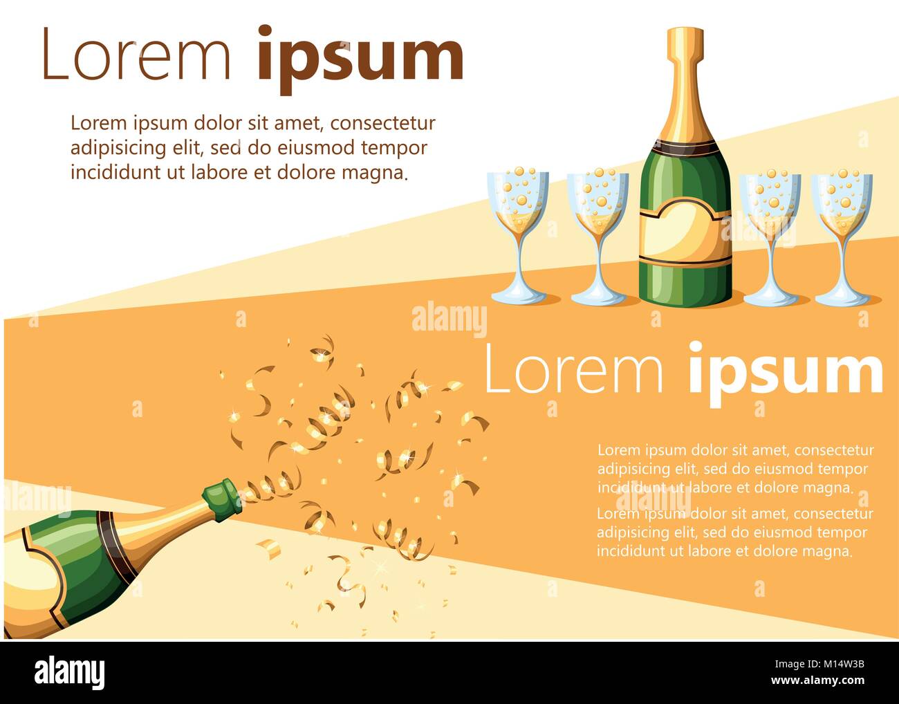 Bouteille de champagne dans d'explosion et d'aluminium coulé dans des verres vector illustration isolé sur fond blanc et jaune avec place pour votre texte w Illustration de Vecteur