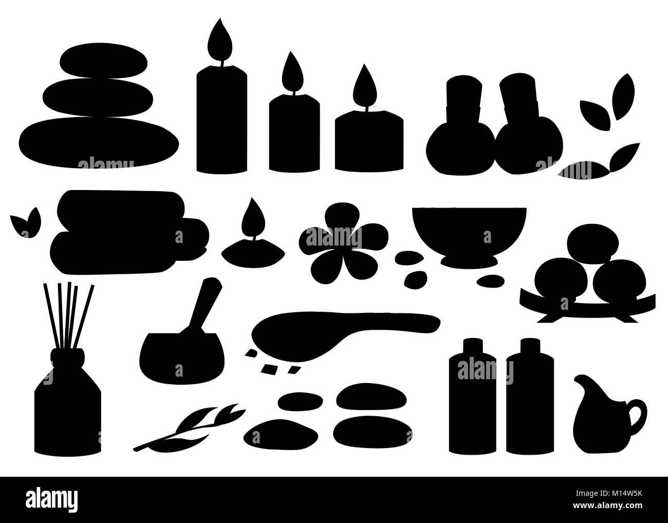 Silhouettes outils et accessoires spa massage herbes pierres de basalte noir rolled up towel mortier gel d'huile et des bougies vector illustration sur zone blanche Illustration de Vecteur