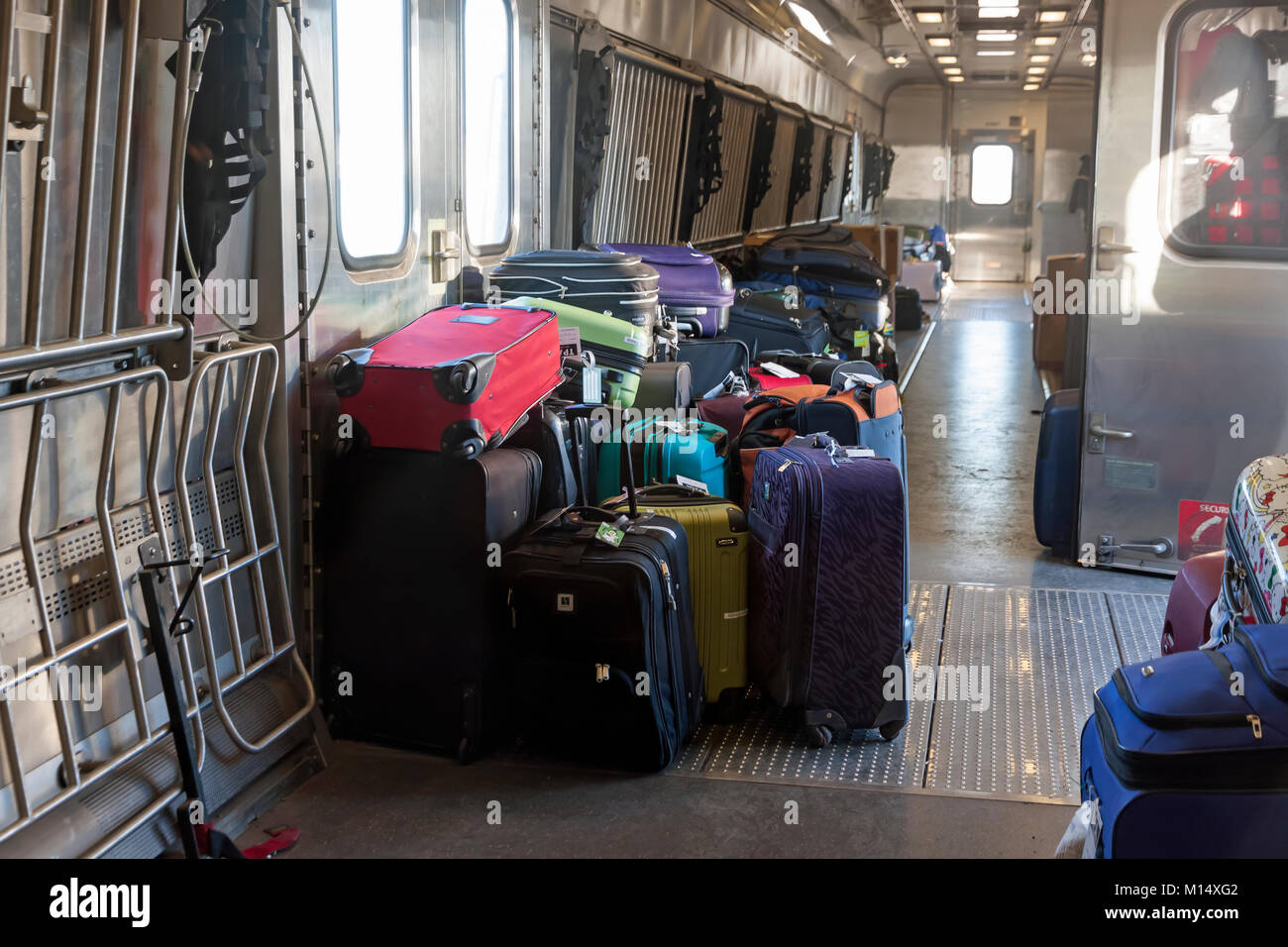 Intérieur d'un wagon à bagages du train Amtrak. Banque D'Images