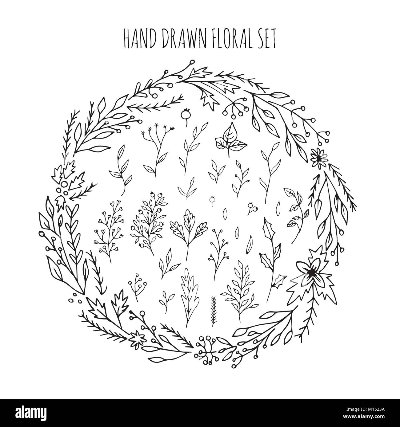 Collection de hand drawn vector florals et branches de feuilles, de fleurs, de baies. Croquis moderne collection. Les éléments de décoration pour la conception. Encre, vin Illustration de Vecteur