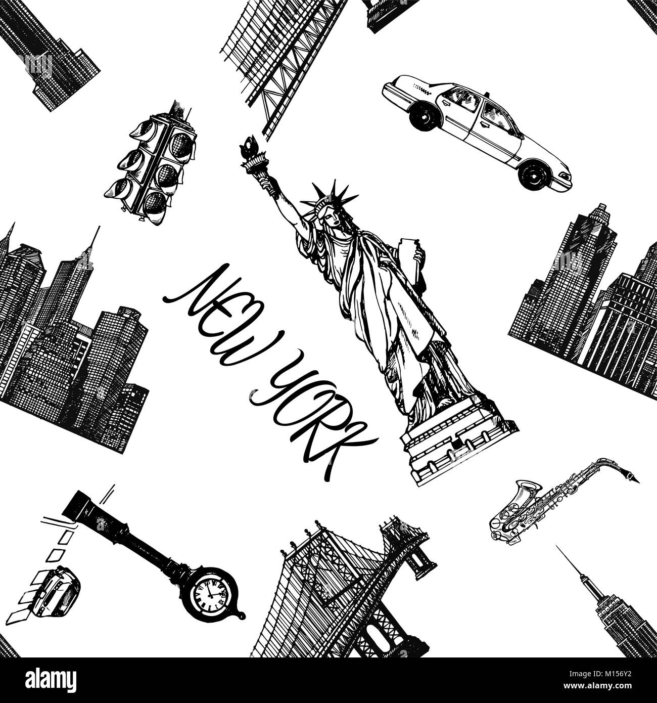 Profil de transparente esquisse dessinée à la main sur le thème de style New York objets isolés. Vector illustration. Illustration de Vecteur