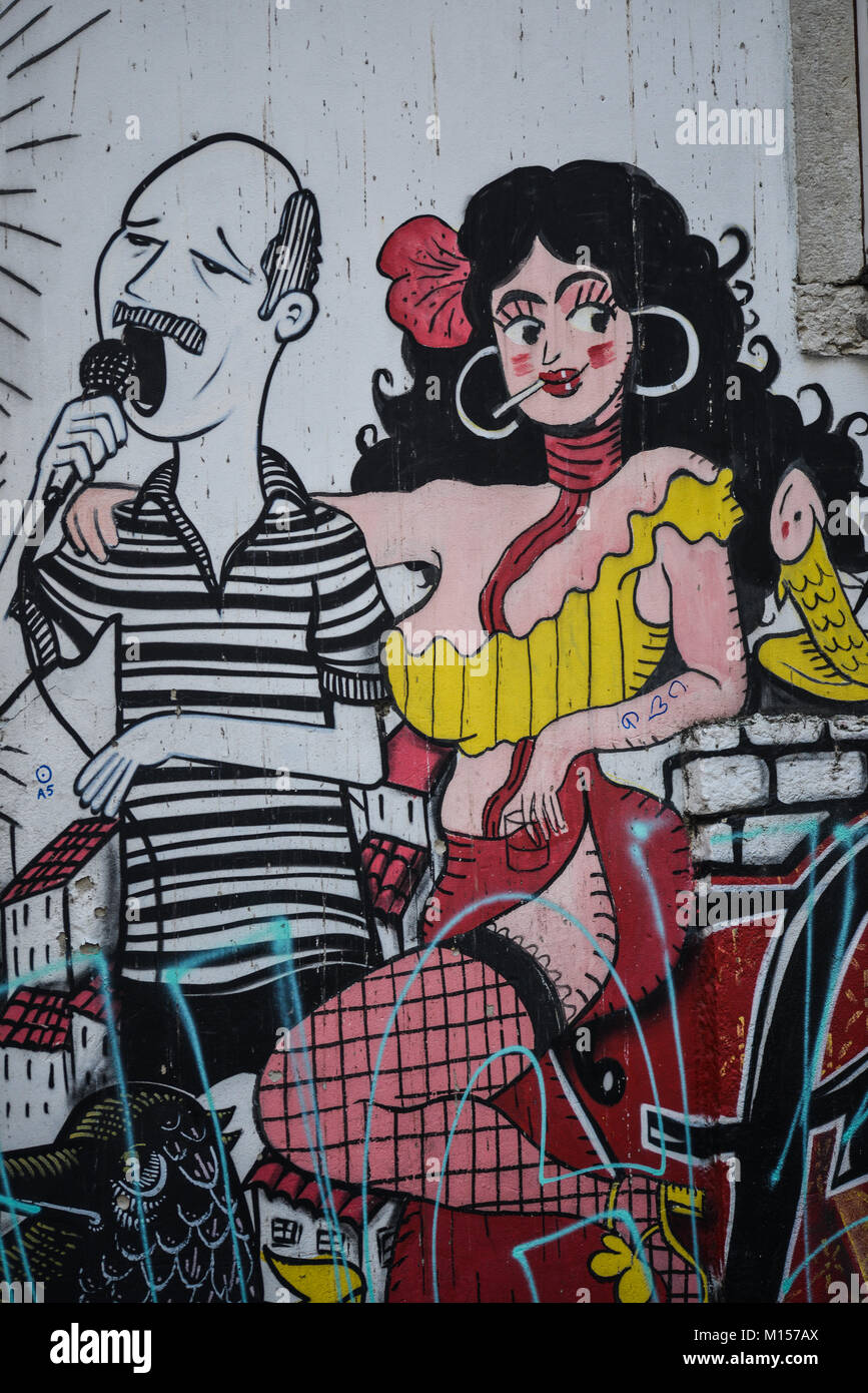 Divers artistes street art, Lisbonne, Portugal, Décembre 2017 Banque D'Images