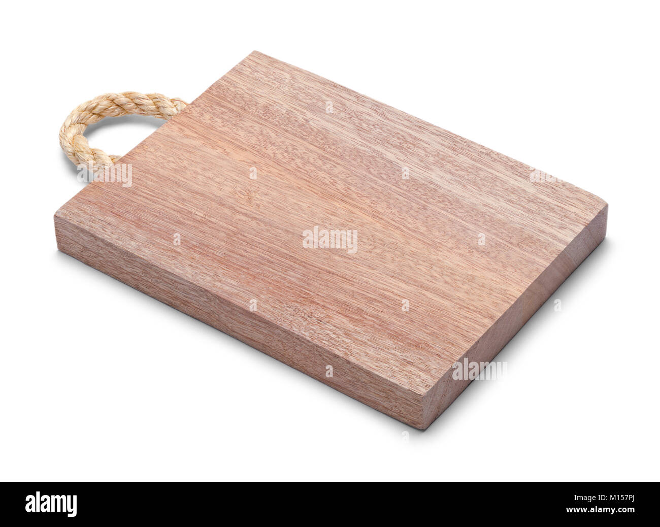 Planche à découper en bois avec une poignée corde isolé sur un fond blanc. Banque D'Images
