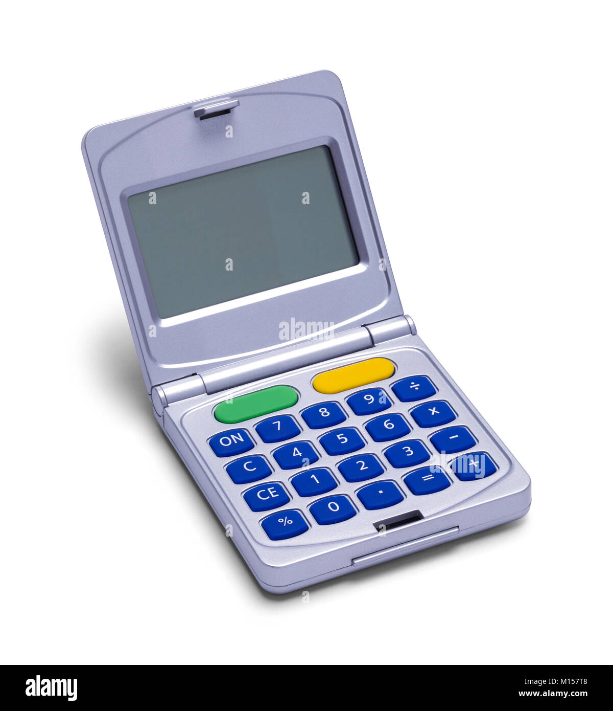 Calculatrice flip ouvert isolé sur un fond blanc. Banque D'Images