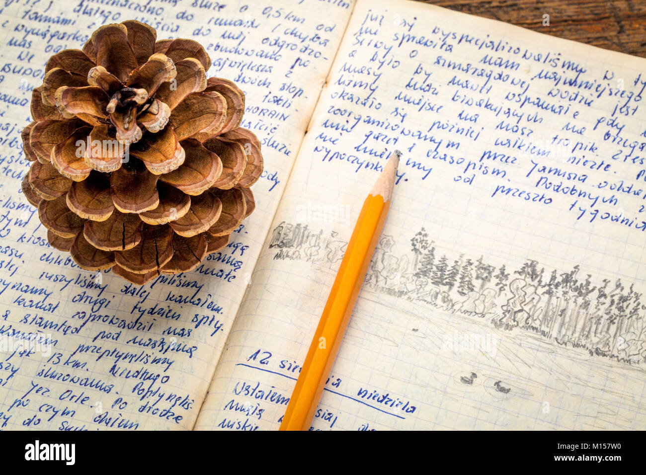 Journal officiel expédition en kayak - l'écriture et le dessin au crayon. Carnet de voyage de voyage de pagaie à travers l'est de la Pologne écrit par moi, photographe, je Banque D'Images