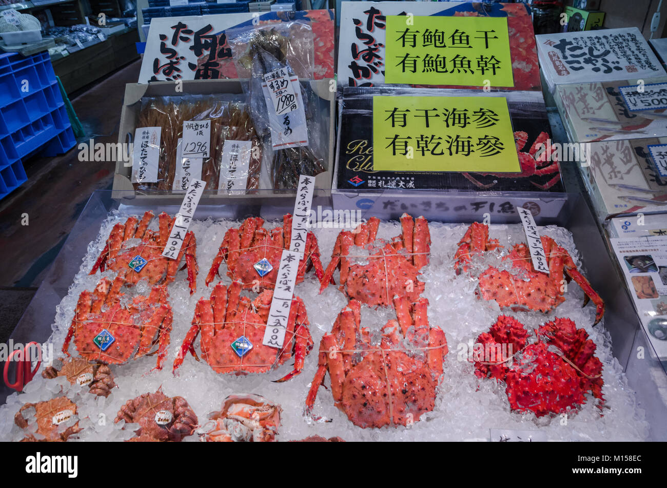 Frais de crabes Taraba au marché au poisson de Nijo Sapporo, la plus grande ville dans le Nord de l'île de Hokkaido. Taraba, le crabe est un doit essayer à Hokkaido Banque D'Images