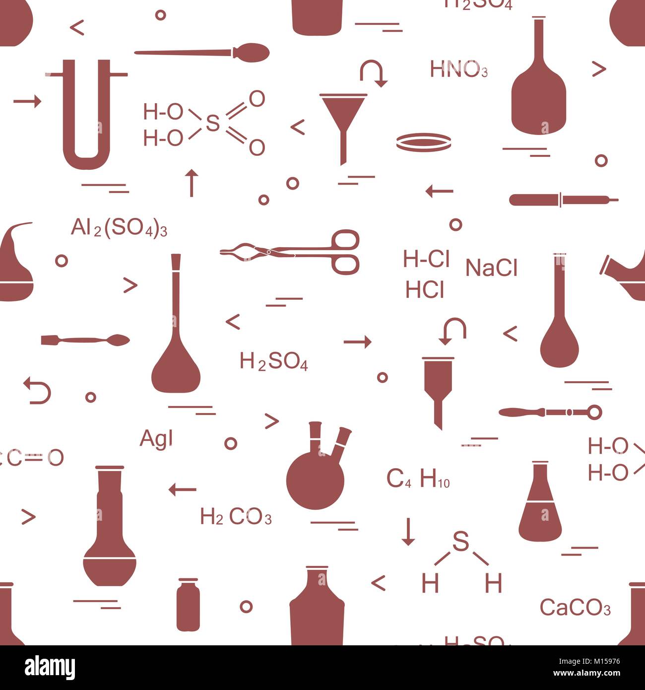 Avec des armes chimiques, biologiques, la science, l'éducation et de la recherche éléments : flacons, formules, bécher, entonnoir, tube en forme de U, pétri, compte-gouttes, Illustration de Vecteur