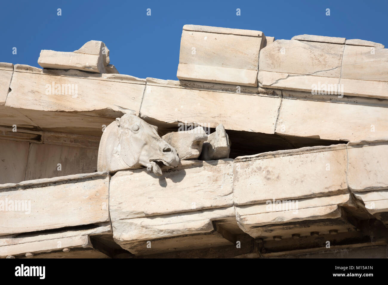 Chef d'un cheval de Selene du fronton est du Parthénon, Athènes, Grèce, Europe Banque D'Images