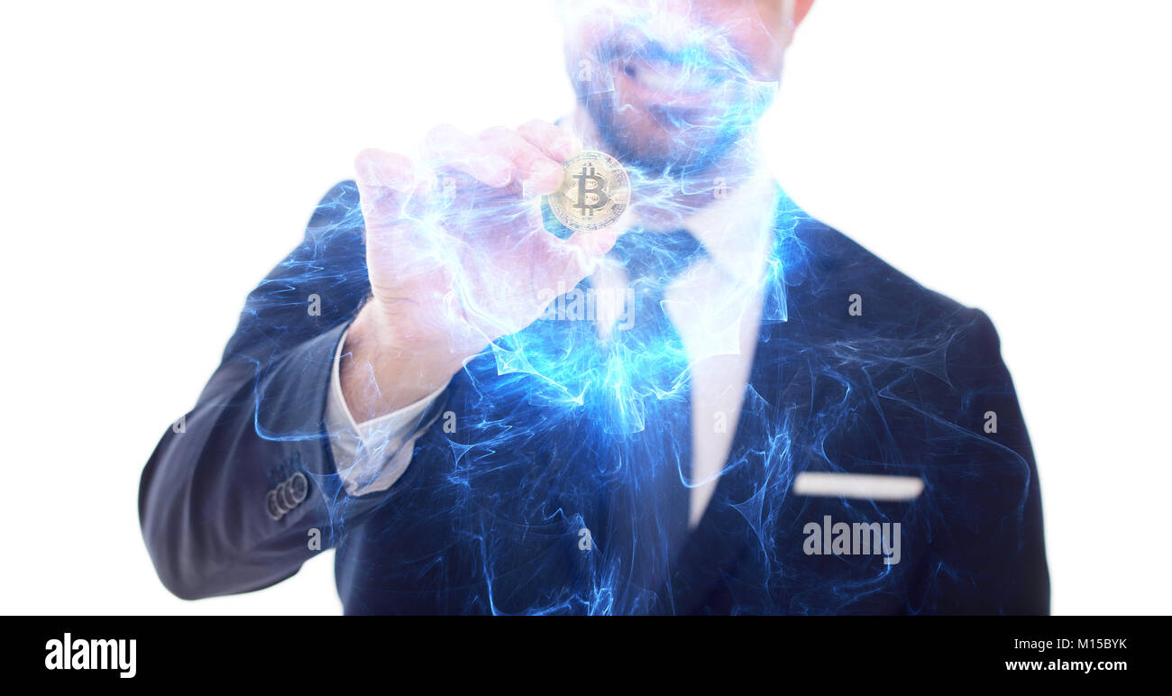 Happy businessman with coin bitcoin et bleu flamme rougeoyante sur blanc Banque D'Images