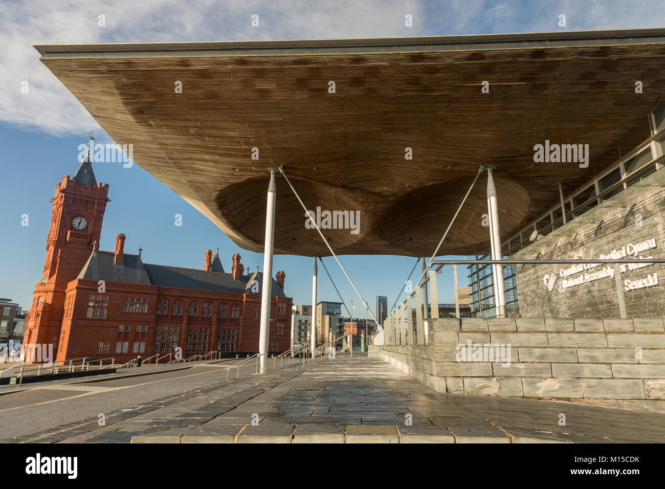 Le Senedd Pier Head et bâtiments, partie de l'Assemblée galloise, le Parlement, la baie de Cardiff, Cardiff, Pays de Galles, Royaume-Uni. Banque D'Images