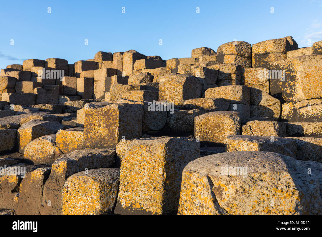 Le Giant's Causeway est une zone d'environ 40 000 colonnes de basalte d'enclenchement, le résultat d'une ancienne éruption volcanique. Il est situé dans le comté de Antri Banque D'Images