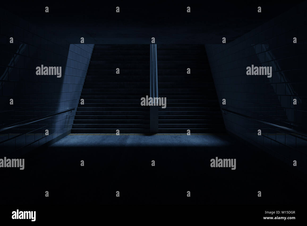 Le rendu 3d du passage inférieur de foncer avec escalier dans la nuit Banque D'Images