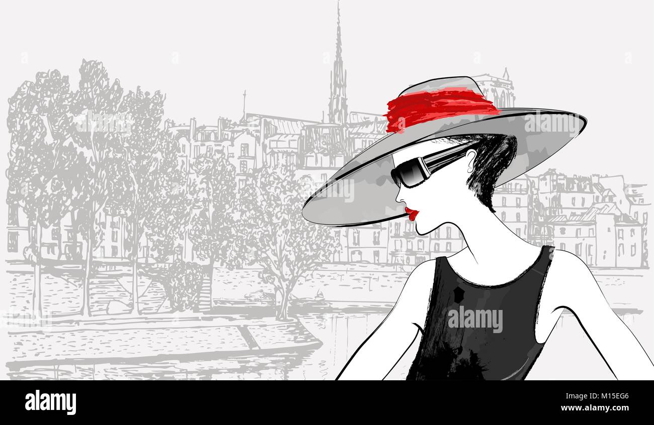 Vector illustration d'une femme sur l'Ile de la cité et Ile Saint Louis à Paris contexte stylo encre (dessin) Illustration de Vecteur