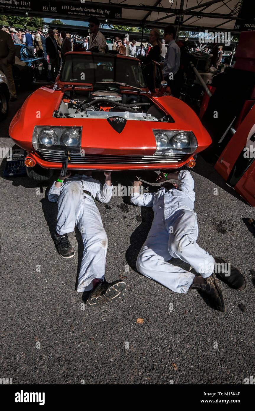 Mécaniciens travaillant sous une Chevrolet Corvette C2 Sting Ray dans le garage à Goodwood Revival 2016. Entretien, préparation de la course Banque D'Images