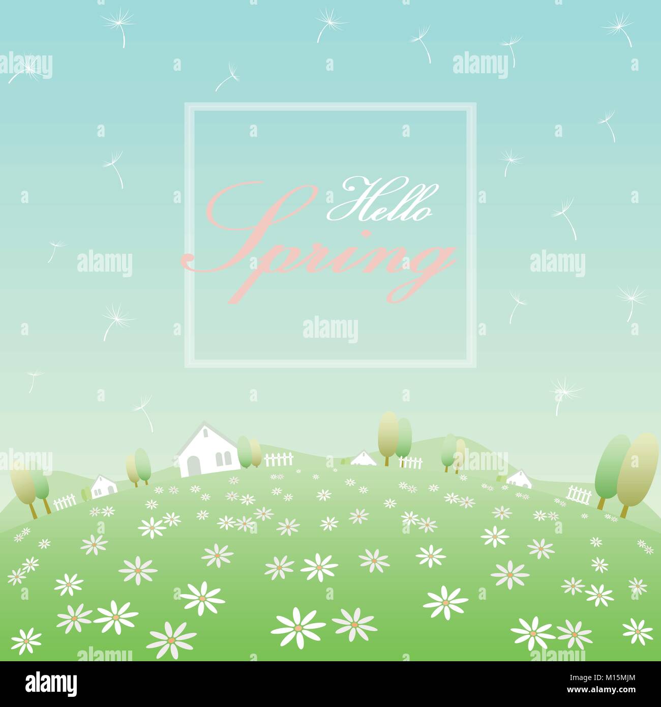 Bonjour printemps texte dans cadre blanc sur fond de champ de fleurs arrondies, maisons blanches, clôtures, arbres, collines, blowing dandelion et bleu clair Illustration de Vecteur
