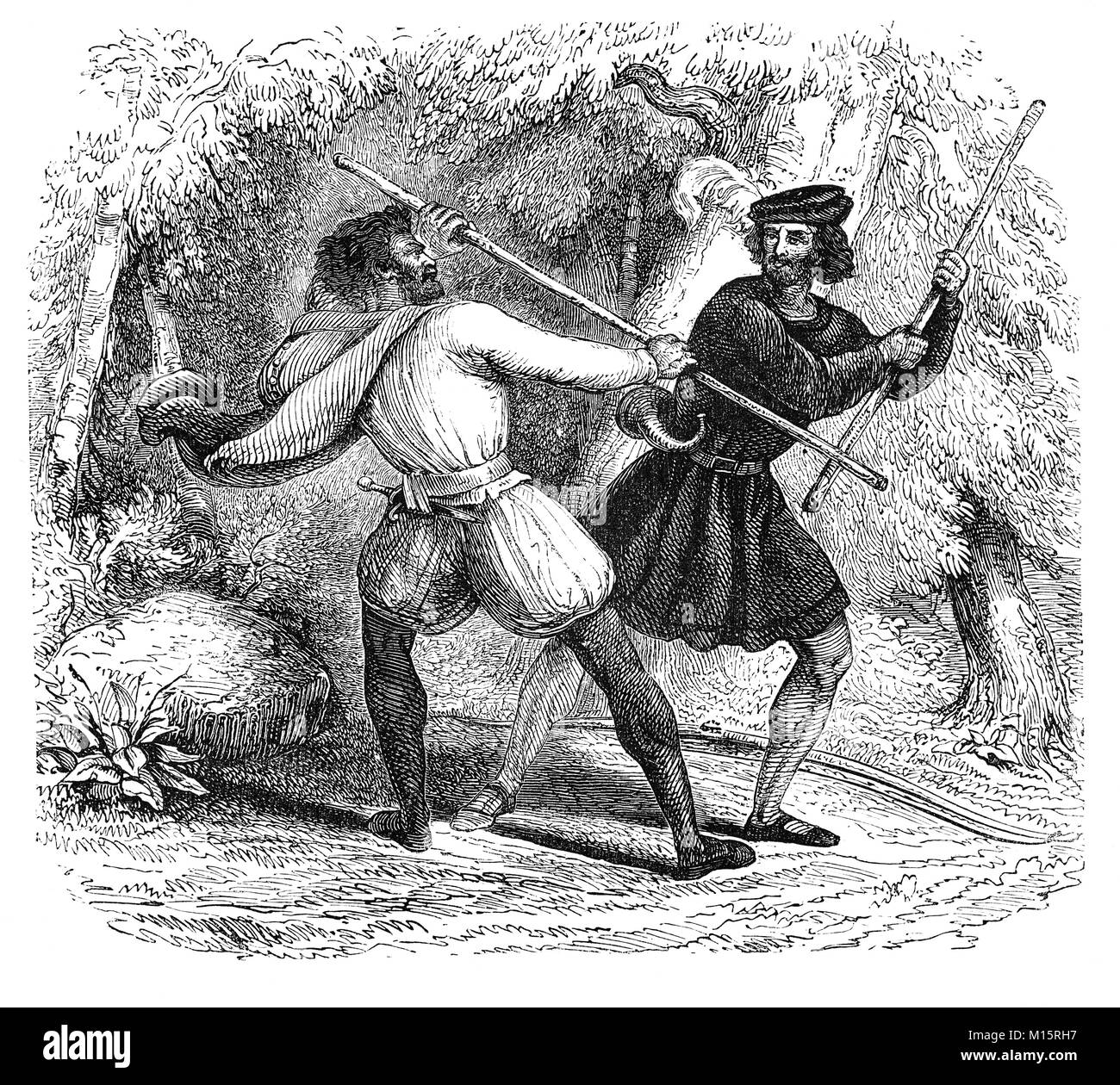 Robin Hood and Little John lutte avec personnel au 14ème siècle la forêt de Sherwood, dans le Nottinghamshire, Angleterre. Banque D'Images