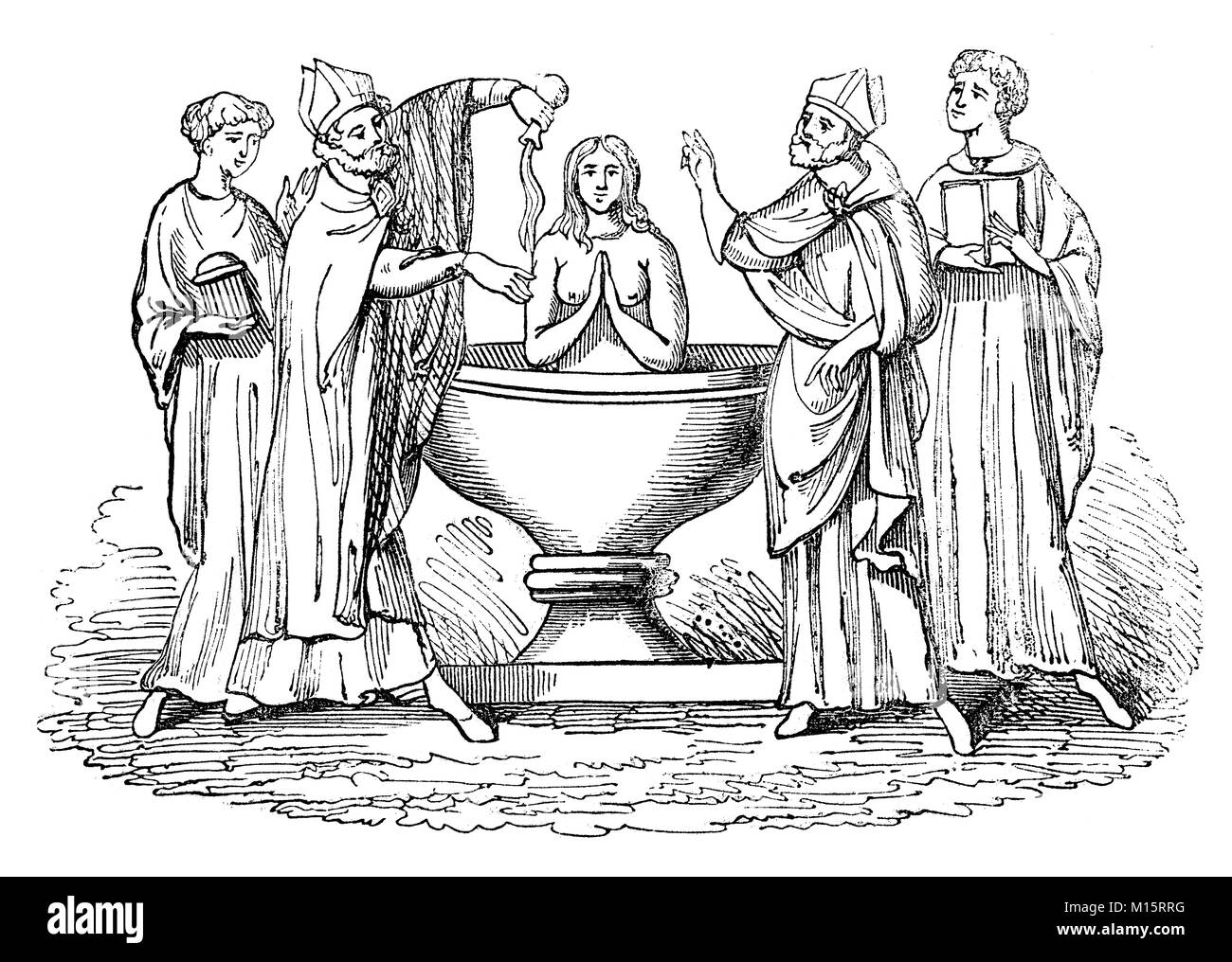 Le baptême de Mathilde, la mère de Thomas Becket au début du xiie siècle. Elle était d'ascendance normande et a vécu en France avant de quitter Thomas vivre en Angleterre. Banque D'Images