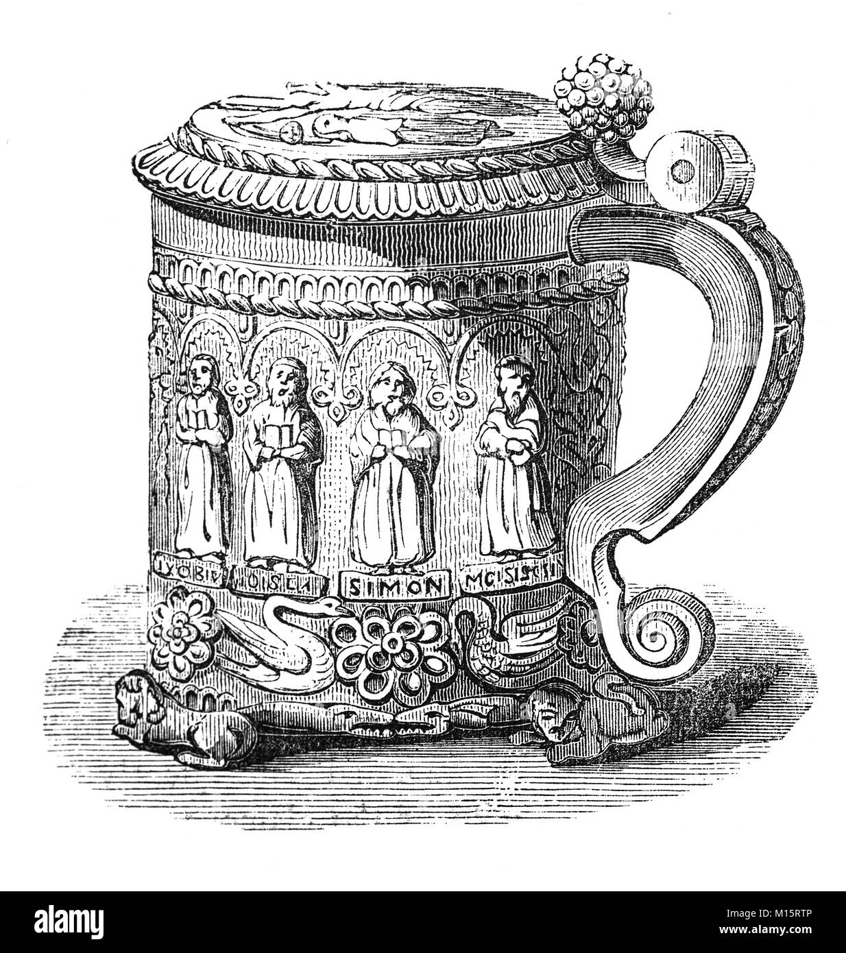 Un ecclésiastique anglo-norman cup, avec références aux saints sculptés trouvés dans les ruines de l'Abbaye de Glastonbury, un monastère à Glastonbury, Somerset, Angleterre. Banque D'Images