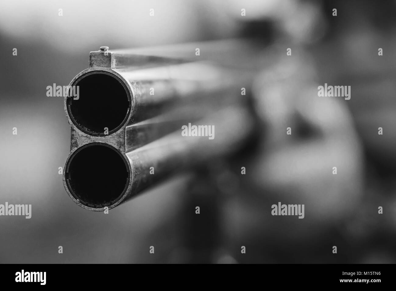 Close up of double barillet fusil de chasse. Le noir et blanc Banque D'Images