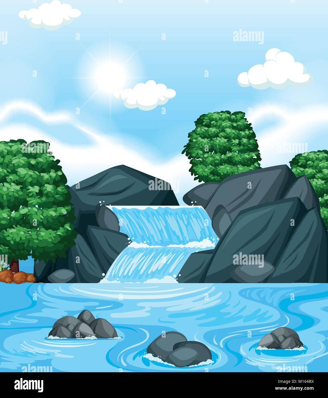 Scène d'arrière-plan avec cascade et arbres illustration Illustration de Vecteur