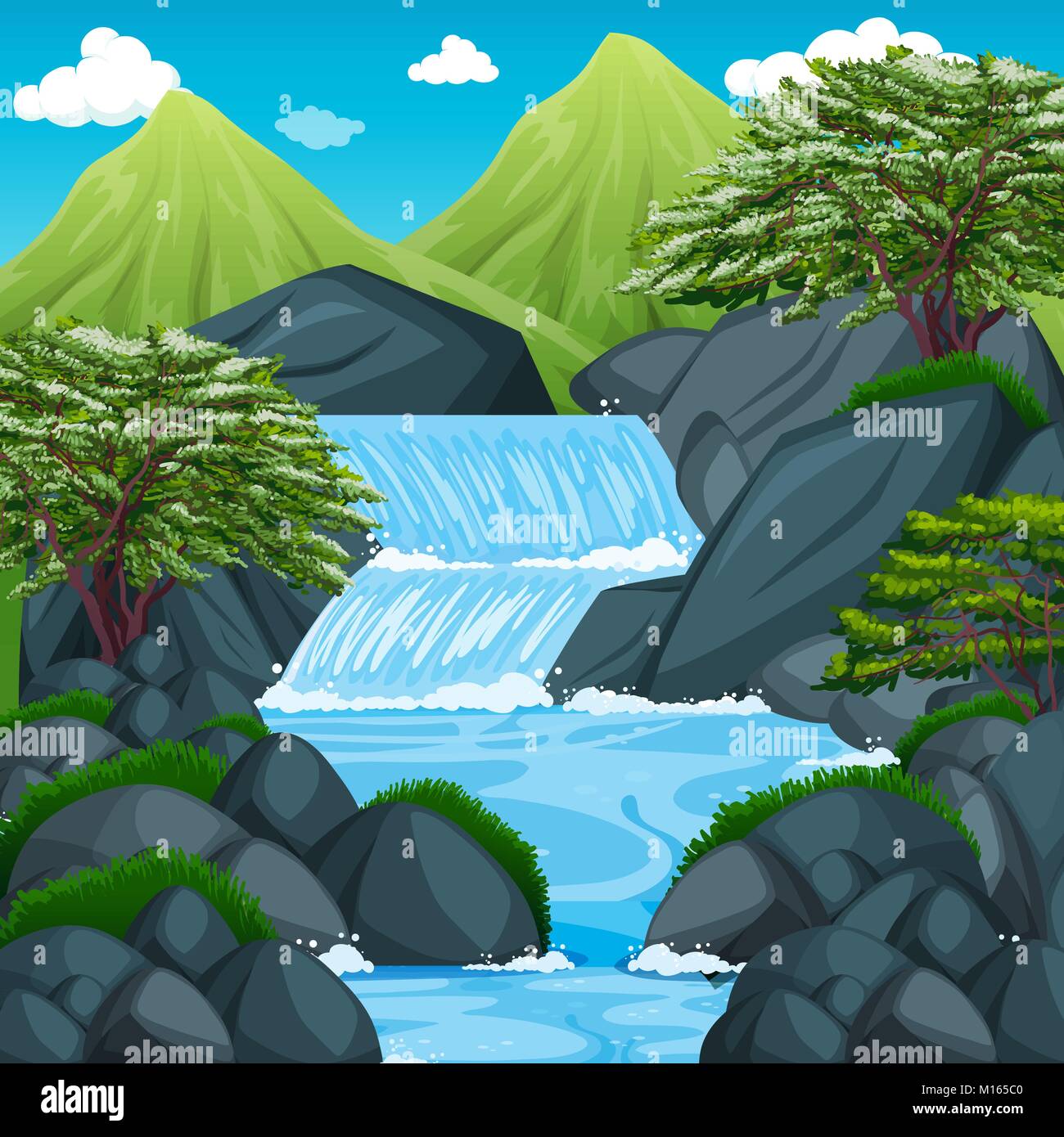 Scène d'arrière-plan avec une cascade dans la montagne illustration Illustration de Vecteur
