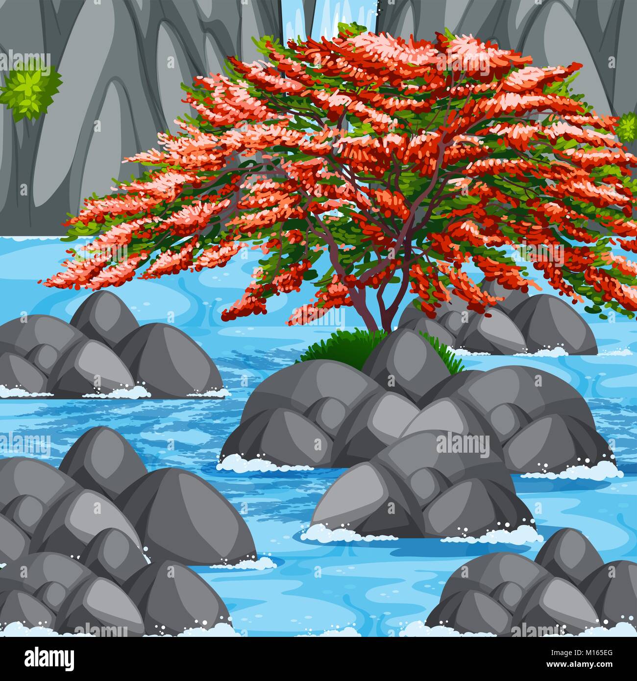 Scène avec arbre et rivière illustration Illustration de Vecteur