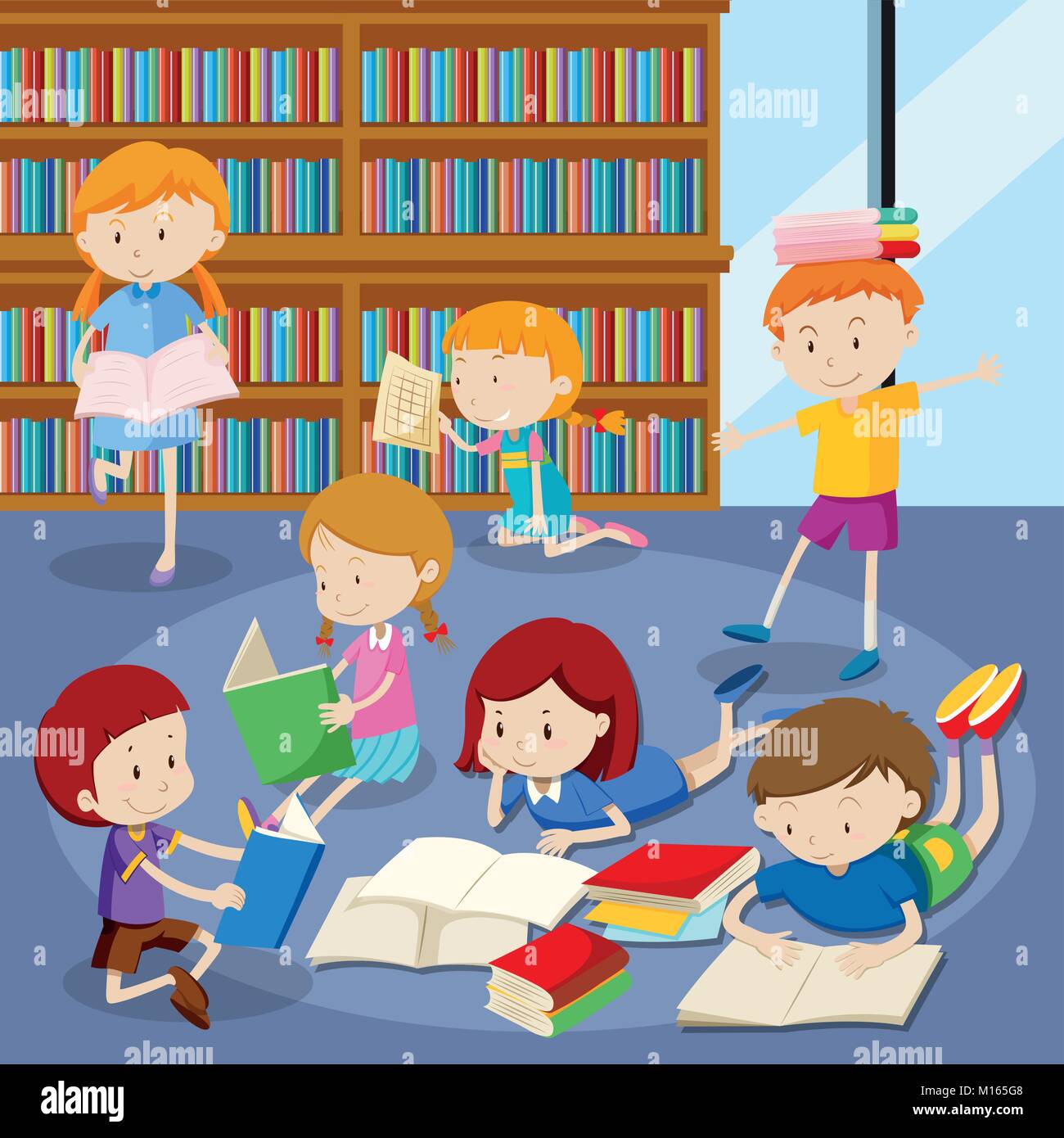 De nombreux étudiants à lire des livres de la bibliothèque de l'illustration Illustration de Vecteur