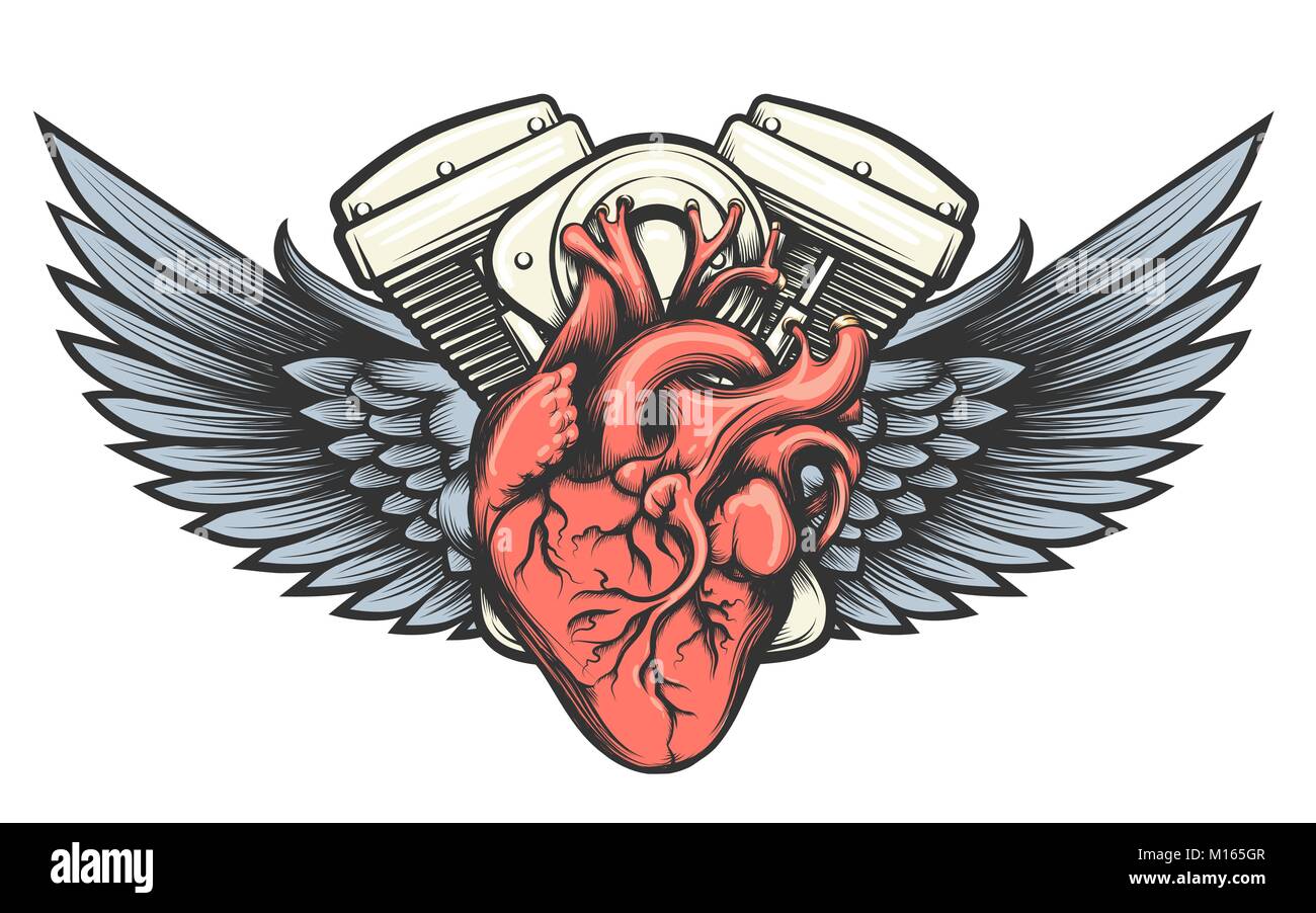Moteur de moto avec des ailes tatoo label. Vector illustration. Illustration de Vecteur