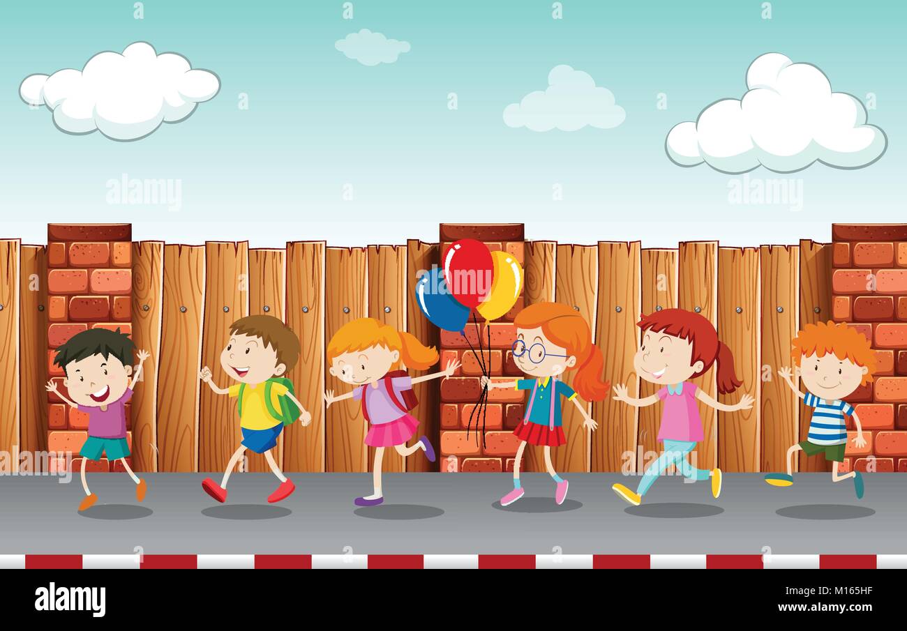 Les enfants marcher sur la chaussée illustration Illustration de Vecteur