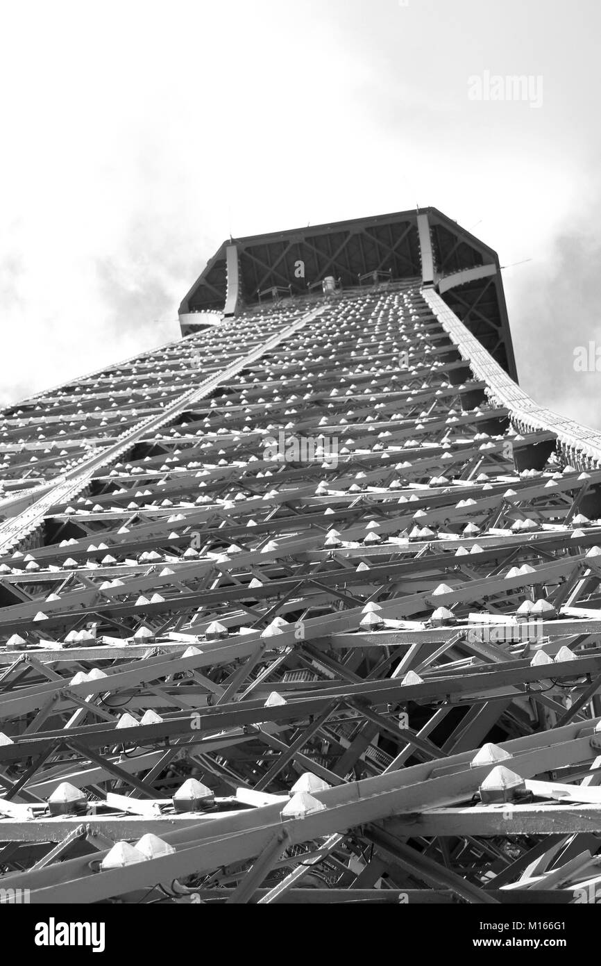 Photo en noir et blanc, vue sur la Tour Eiffel à partir du milieu, Paris, France. Banque D'Images