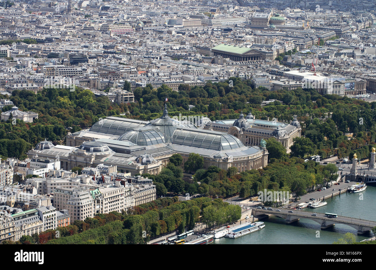 Vue sur la Seine Le Grand Palais des Champs-Élysées et le Petit Palais du haut de la Tour Eiffel, Paris, France Banque D'Images