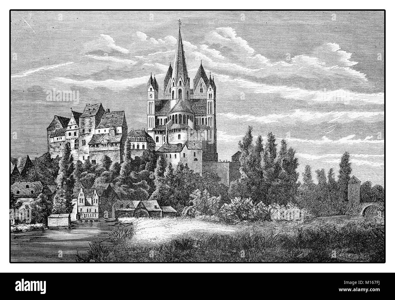 Allemagne, vue vintage de Limburg an der Lahn avec l'éminent cathédrale catholique - Limbourgeois Dom - dédiée à Saint George à la fin du style roman Banque D'Images