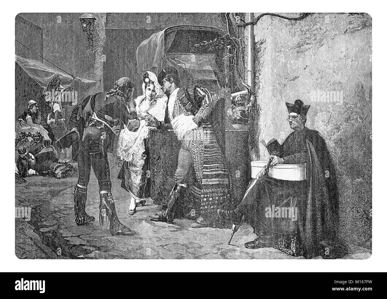 Gravure d'époque, les voyageurs au poste d'attente en station pour l'entraîneur dans un village espagnol Banque D'Images