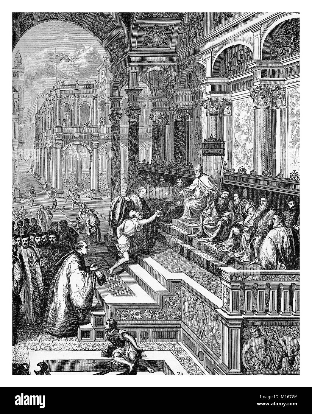 Présentation du pêcheur Saint Marcus sonneries au doge Gradenigo, gravure d'après une peinture du XVI siècle Banque D'Images